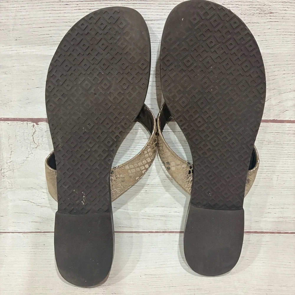 Tory Burch Thora Sandals Womens 8.5 Taupe Metallic Snake Print Logo Medallion